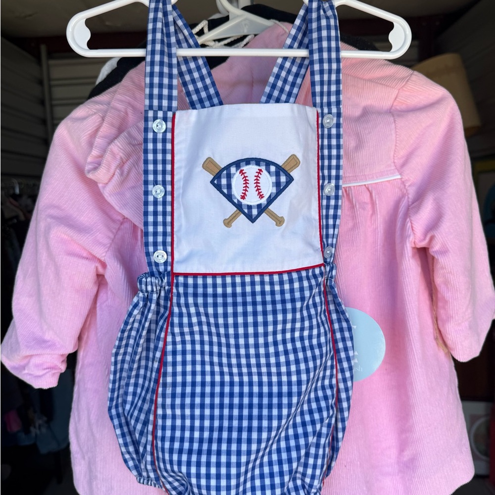 Little English Baseball Blue and White Checkered gingham Kids Romper 24 m